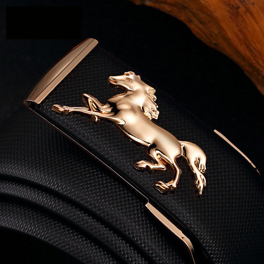 Men's Plate Belt Leather High-end 3D Golden Horse Smooth Inner Buckle