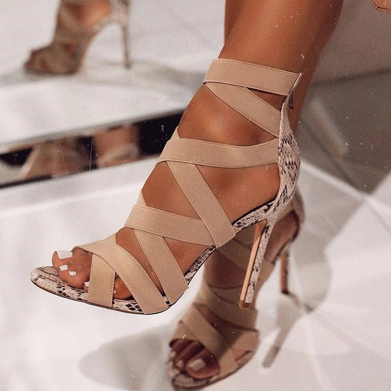 High heels with cross ties snake pattern thin High Heels Sandals