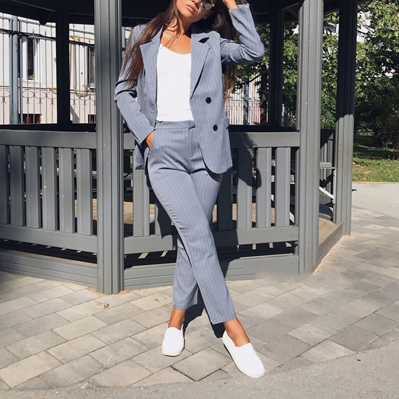 Work Pant Suits OL Piece Sets Double Breasted Striped