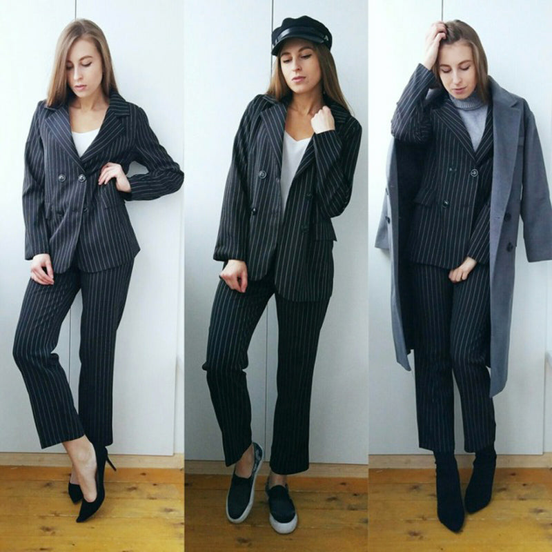 Work Pant Suits OL Piece Sets Double Breasted Striped