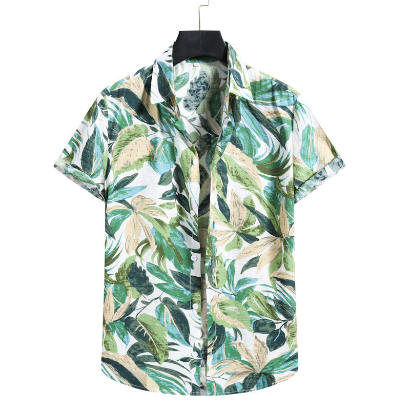 Hawaiian Print Cotton Short-sleeved Shirt