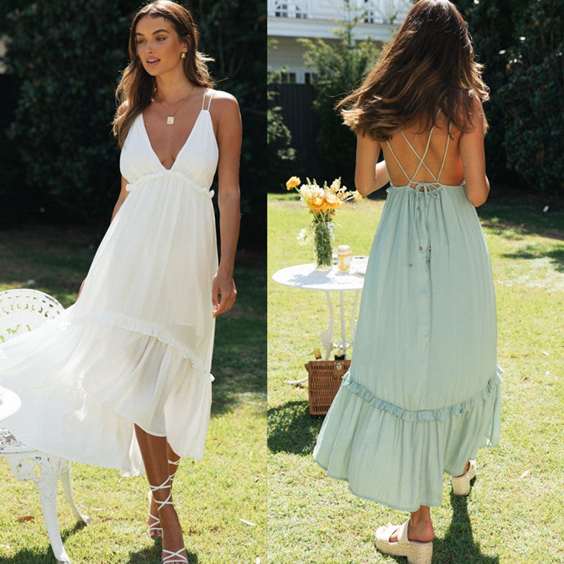 Chiffon V Neck Sling Backless Tie Ruffle Long Dress