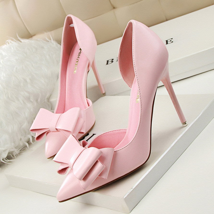 Sweet bow, high heel, stiletto high-heeled shallow mouth, cutout shoes