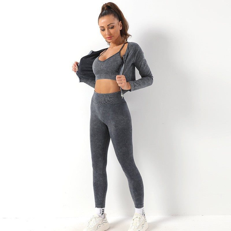 Women's Yoga Suits Long Sleeve Sports Bra Hip Raise Yoga Pants Three-piece Set