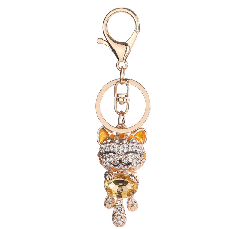 Fashion Enamel Lucky Cat Crystal Keychain Alloy Keyring For Women Party Gift Key chains