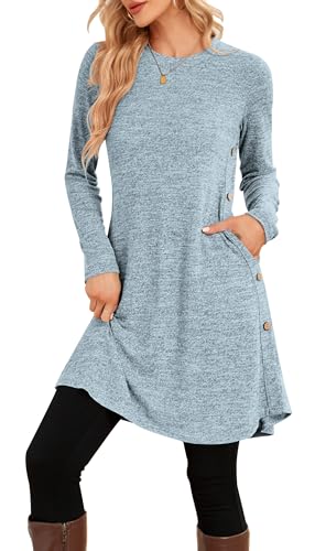 NARRAME Sweater Dresses for Women Winter Long Sleeve Causal Buttons Side Tunic Sweater Dress with Pockets