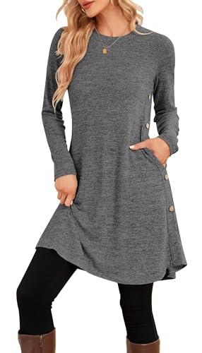 NARRAME Sweater Dresses for Women Winter Long Sleeve Causal Buttons Side Tunic Sweater Dress with Pockets