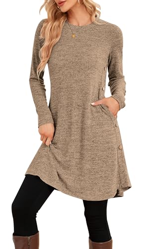 NARRAME Sweater Dresses for Women Winter Long Sleeve Causal Buttons Side Tunic Sweater Dress with Pockets