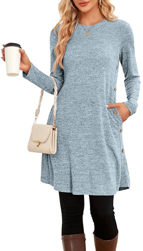 NARRAME Sweater Dresses for Women Winter Long Sleeve Causal Buttons Side Tunic Sweater Dress with Pockets