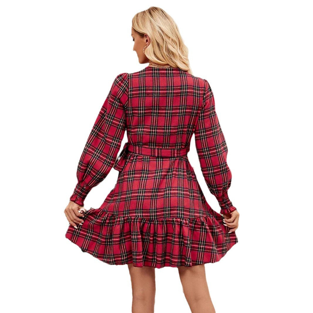 Plaid Printed V-neck Puff Sleeve Ruffled Drawstring Dress