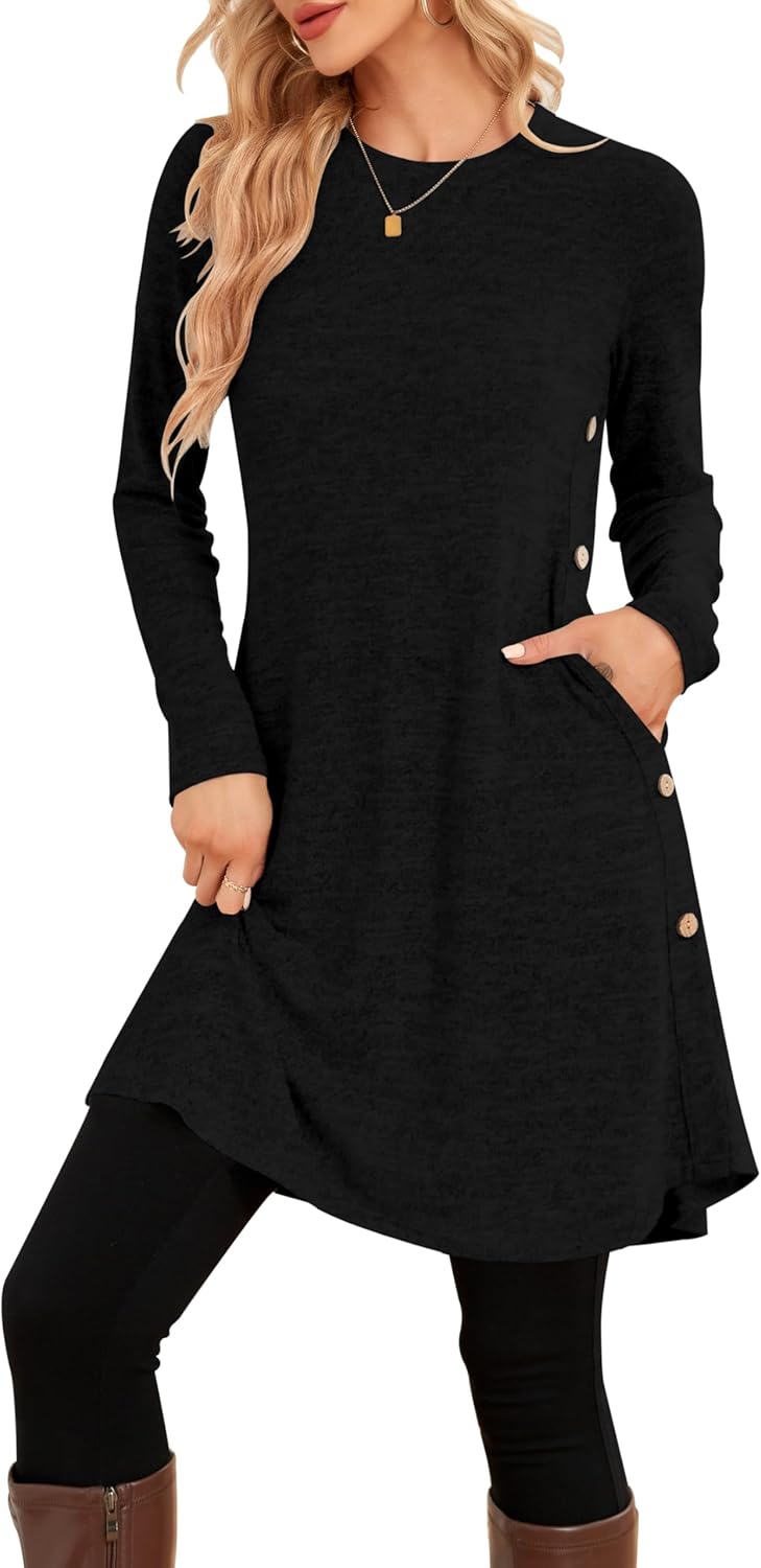 NARRAME Sweater Dresses for Women Winter Long Sleeve Causal Buttons Side Tunic Sweater Dress with Pockets