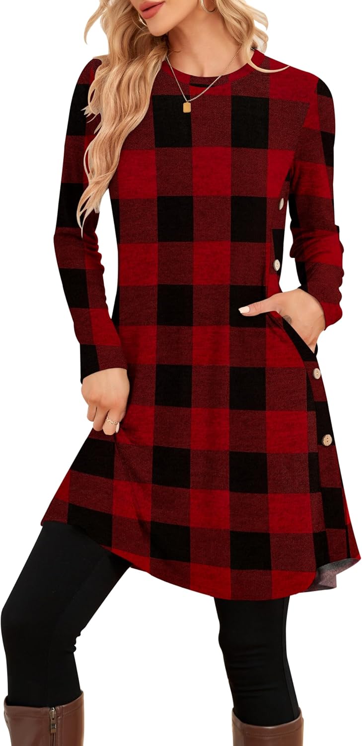 NARRAME Sweater Dresses for Women Winter Long Sleeve Causal Buttons Side Tunic Sweater Dress with Pockets