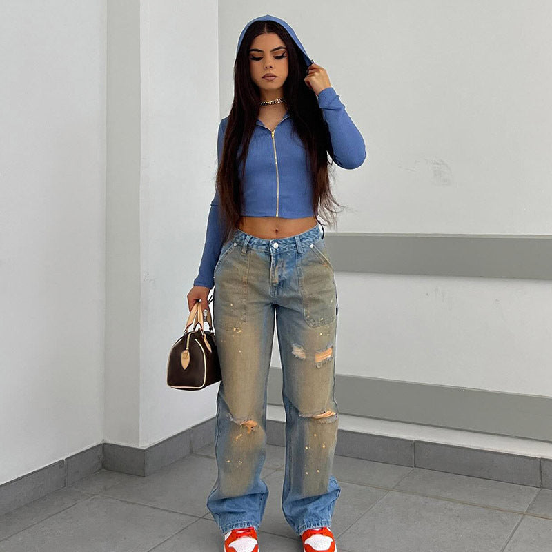 Loose Straight Fashion Street Denim Trousers For Women