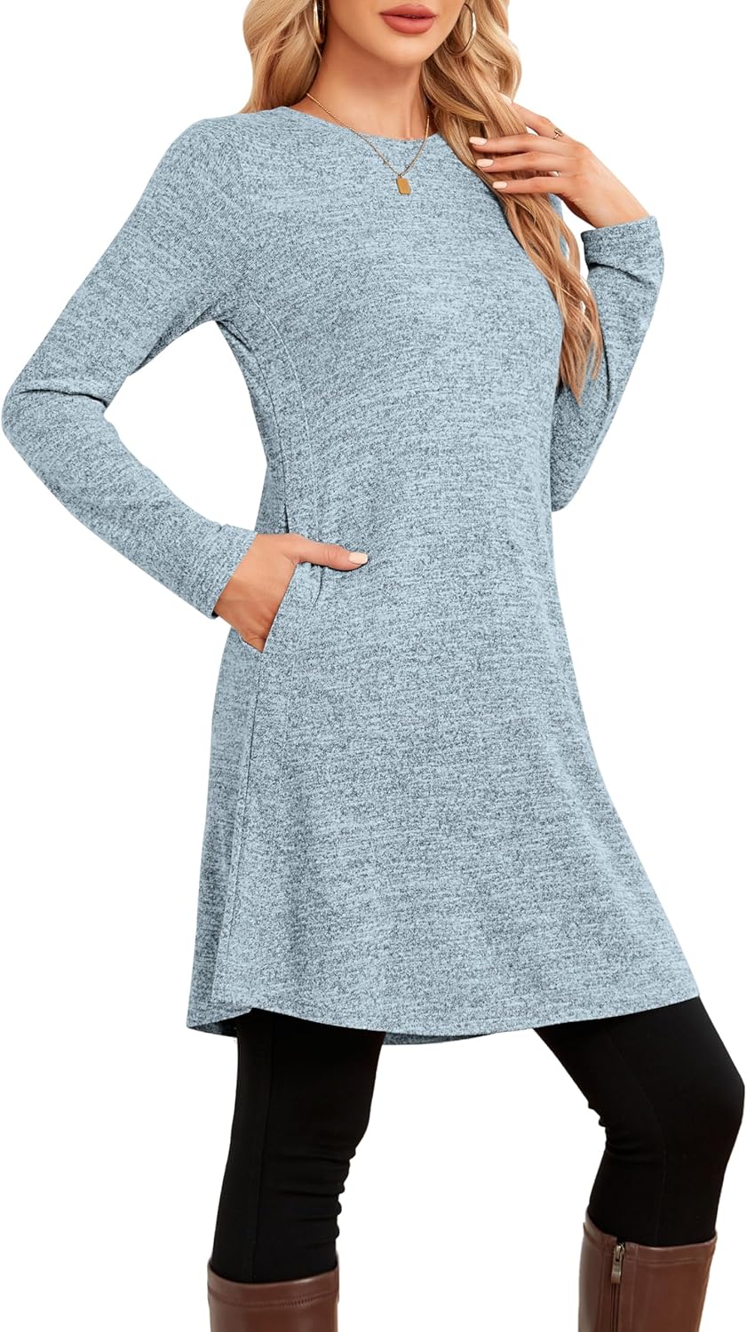 NARRAME Sweater Dresses for Women Winter Long Sleeve Causal Buttons Side Tunic Sweater Dress with Pockets