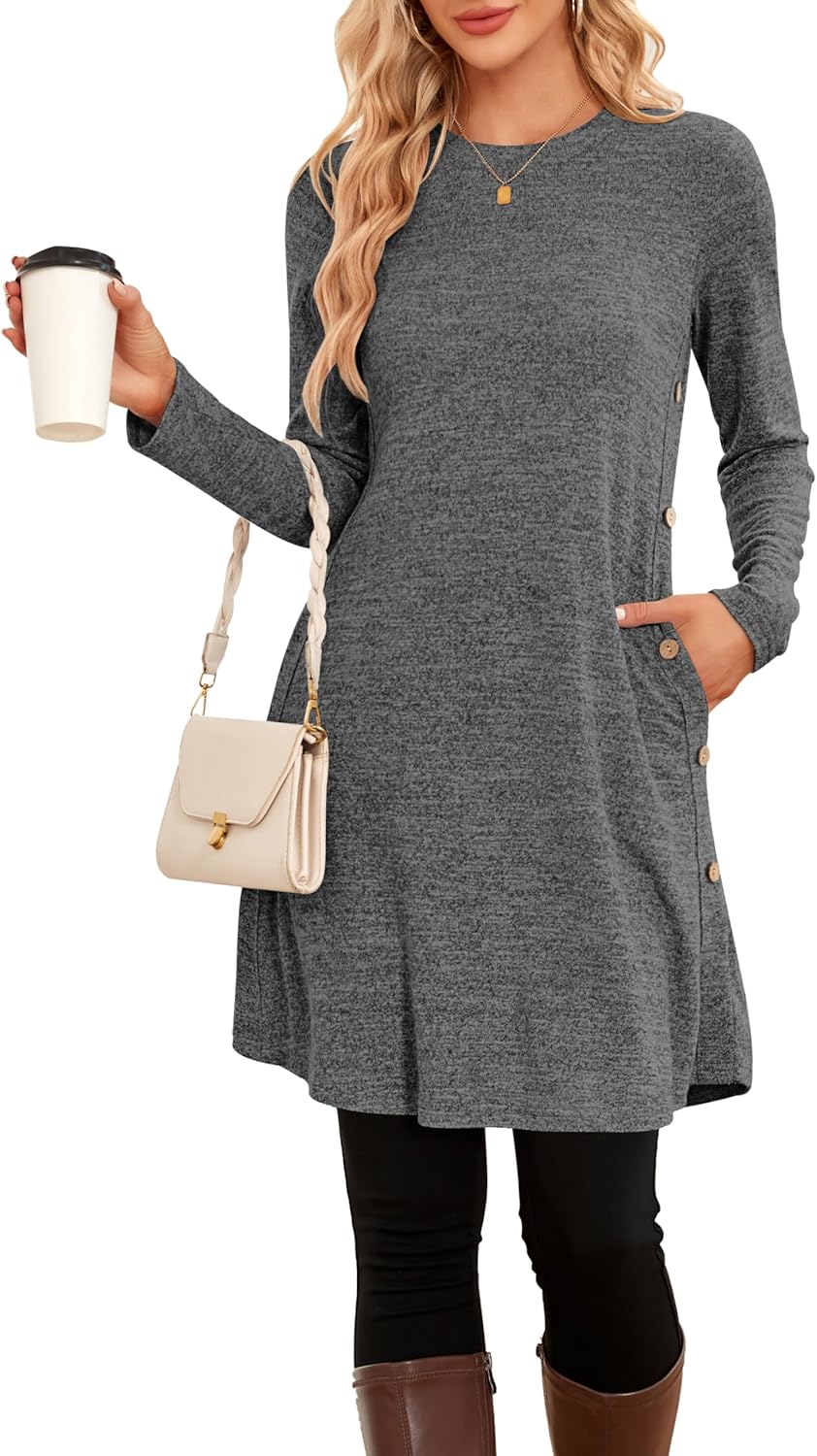 NARRAME Sweater Dresses for Women Winter Long Sleeve Causal Buttons Side Tunic Sweater Dress with Pockets