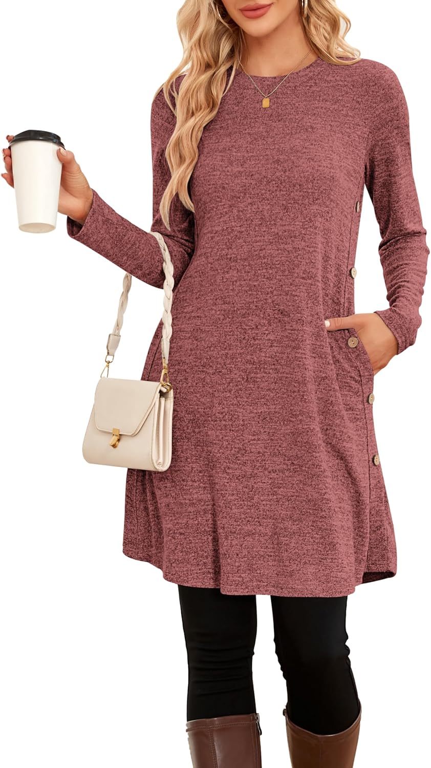 NARRAME Sweater Dresses for Women Winter Long Sleeve Causal Buttons Side Tunic Sweater Dress with Pockets