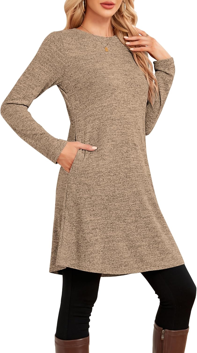 NARRAME Sweater Dresses for Women Winter Long Sleeve Causal Buttons Side Tunic Sweater Dress with Pockets