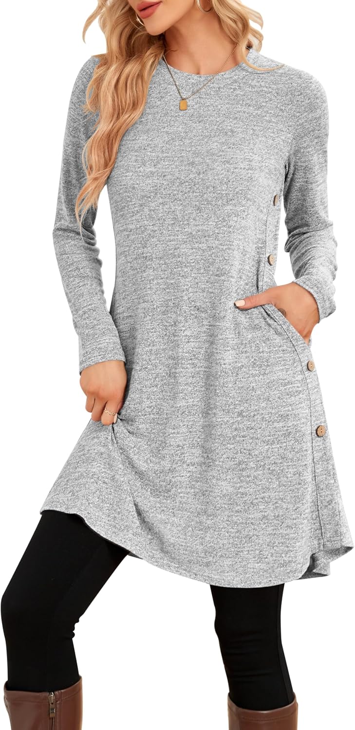 NARRAME Sweater Dresses for Women Winter Long Sleeve Causal Buttons Side Tunic Sweater Dress with Pockets