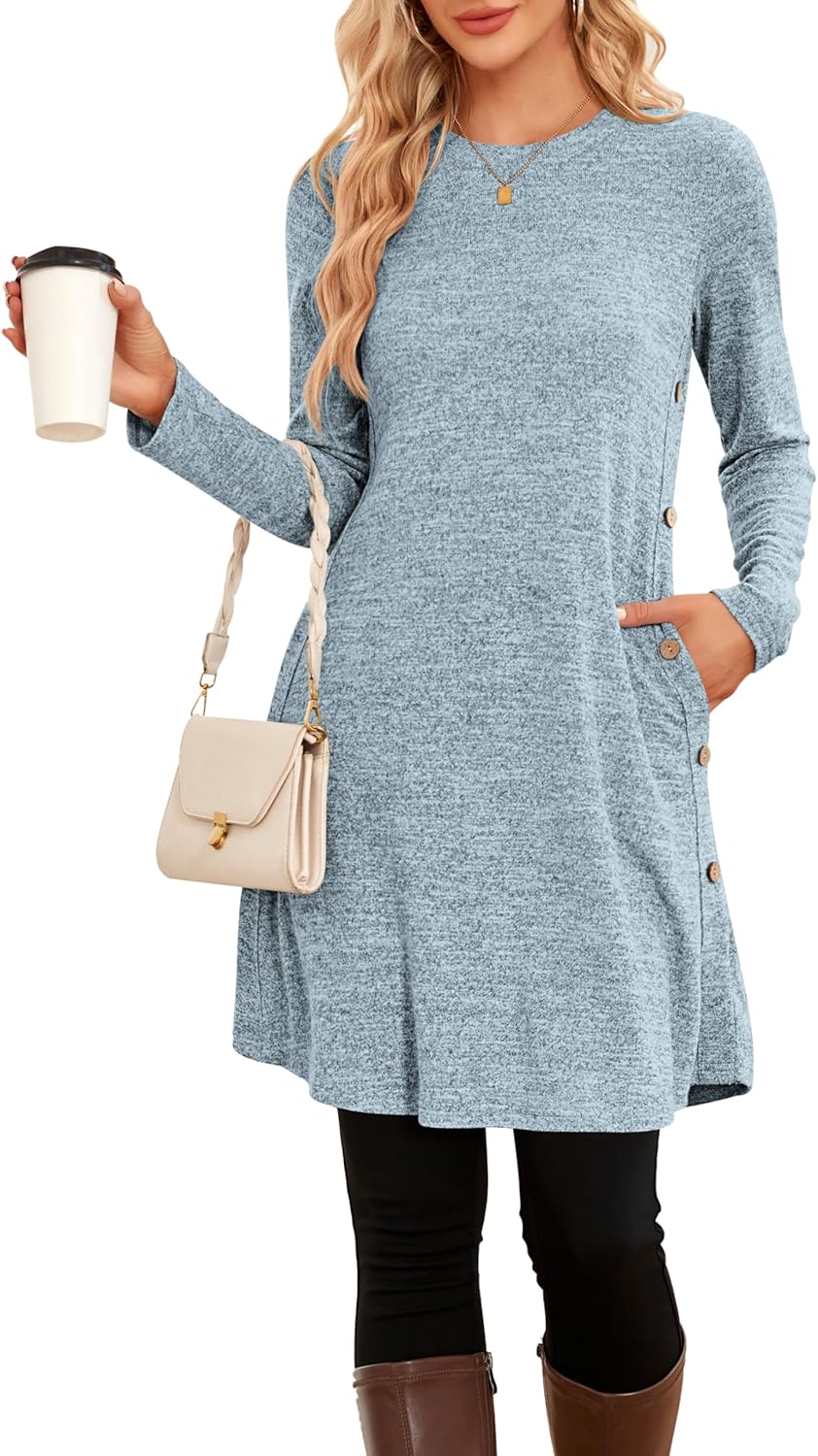 NARRAME Sweater Dresses for Women Winter Long Sleeve Causal Buttons Side Tunic Sweater Dress with Pockets