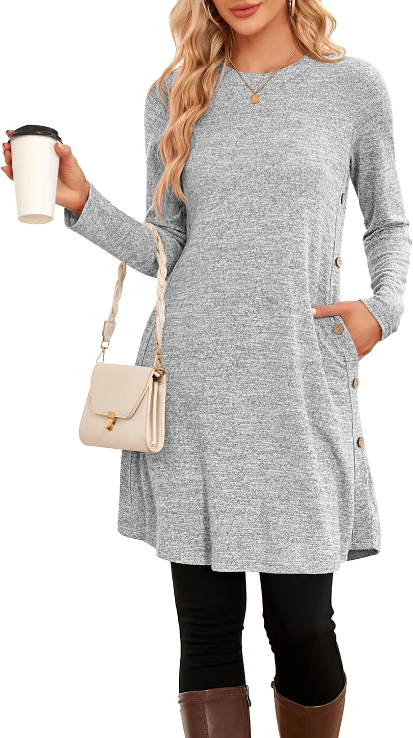 NARRAME Sweater Dresses for Women Winter Long Sleeve Causal Buttons Side Tunic Sweater Dress with Pockets