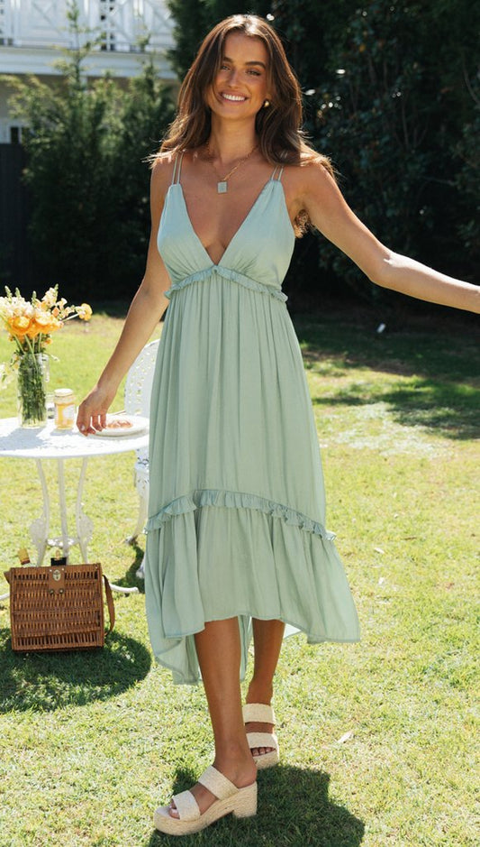 Chiffon V Neck Sling Backless Tie Ruffle Long Dress