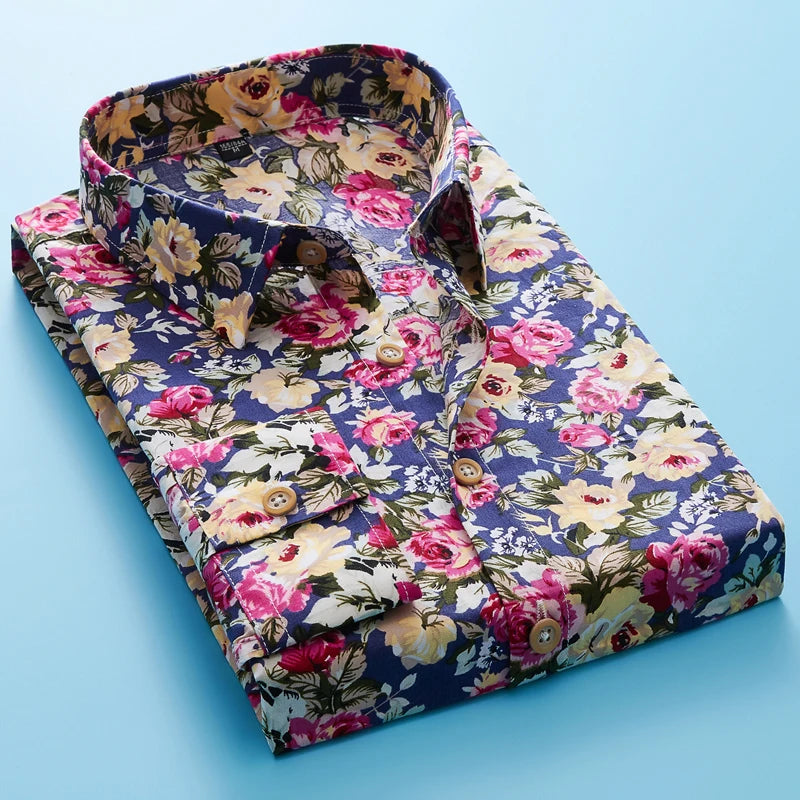 "Men's Casual Slim Long-sleeve Shirt with Flower Print - Floral Party Dress Shirt for Men"