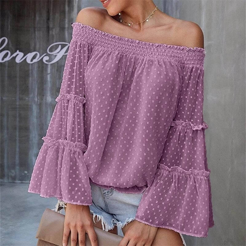 Eti Women Blouse Chiffon Women Shirt  Autumn New Sexy Off Shoulder Flared Long-Sleeve Shirts Femme Loose Casual Tops