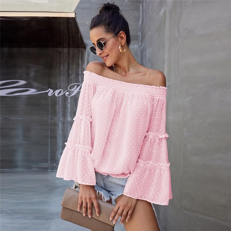 Eti Women Blouse Chiffon Women Shirt  Autumn New Sexy Off Shoulder Flared Long-Sleeve Shirts Femme Loose Casual Tops