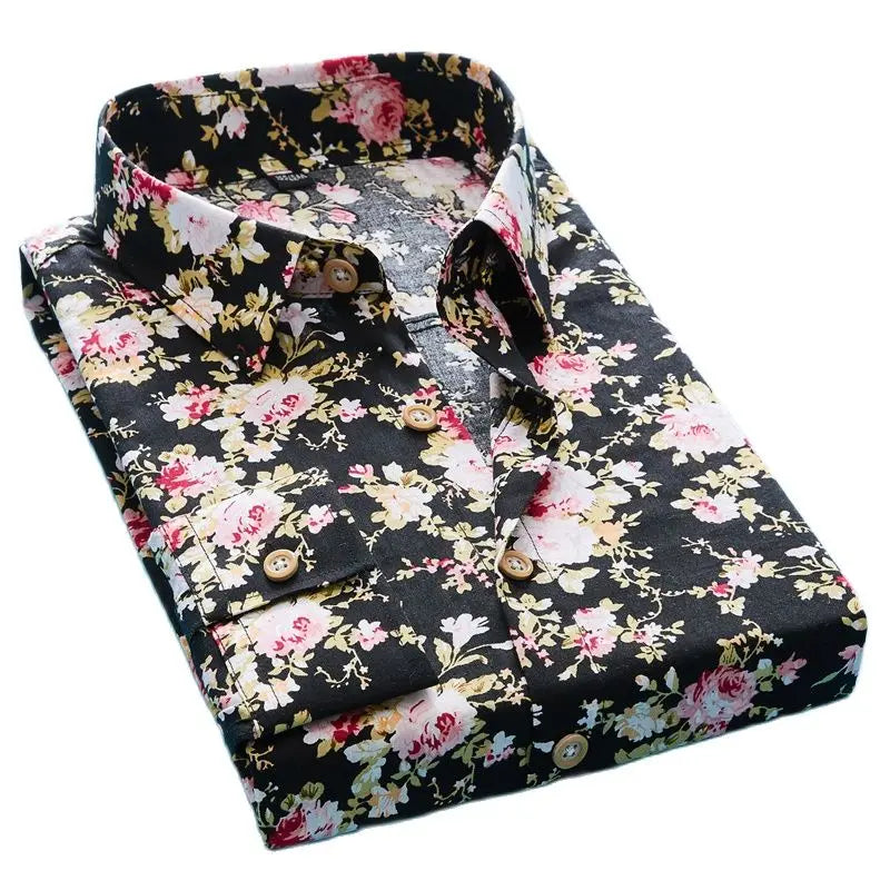 "Men's Casual Slim Long-sleeve Shirt with Flower Print - Floral Party Dress Shirt for Men"