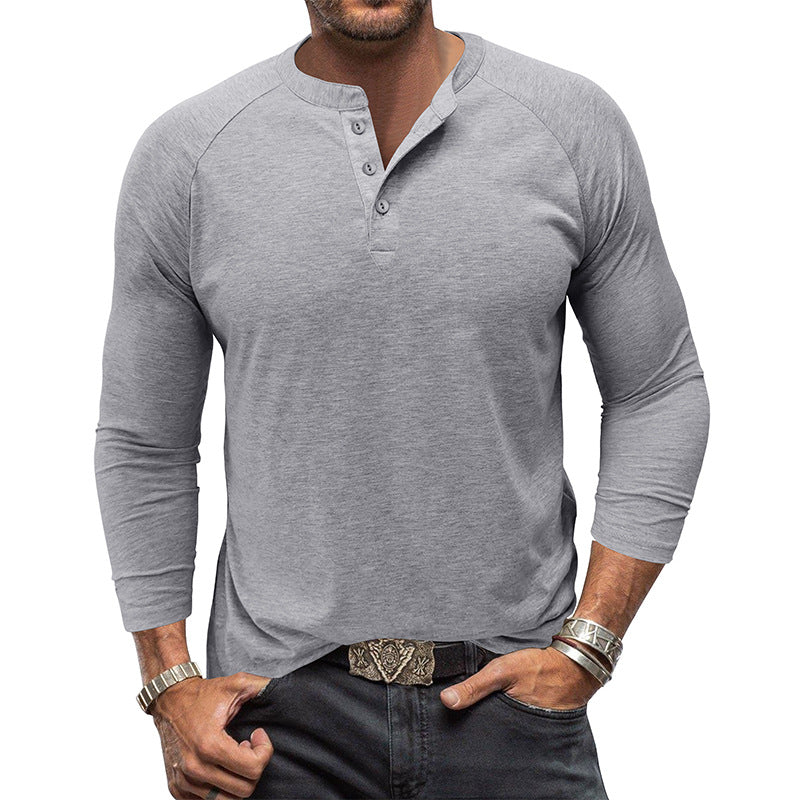 Men's Round Neck Henry Solid Color Long Sleeve T-shirt