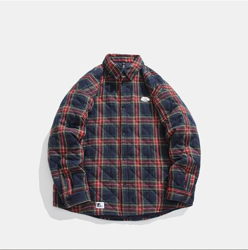 Men's Casual Plaid Shirt Collar Jacket Loose Thick Cotton Coat Coat