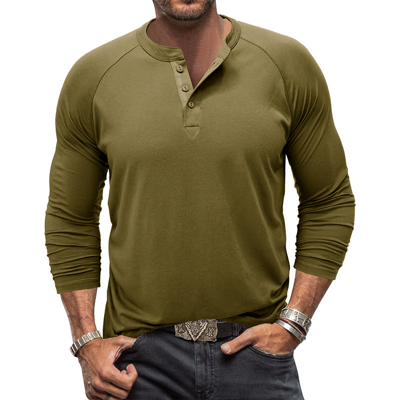 Men's Round Neck Henry Solid Color Long Sleeve T-shirt