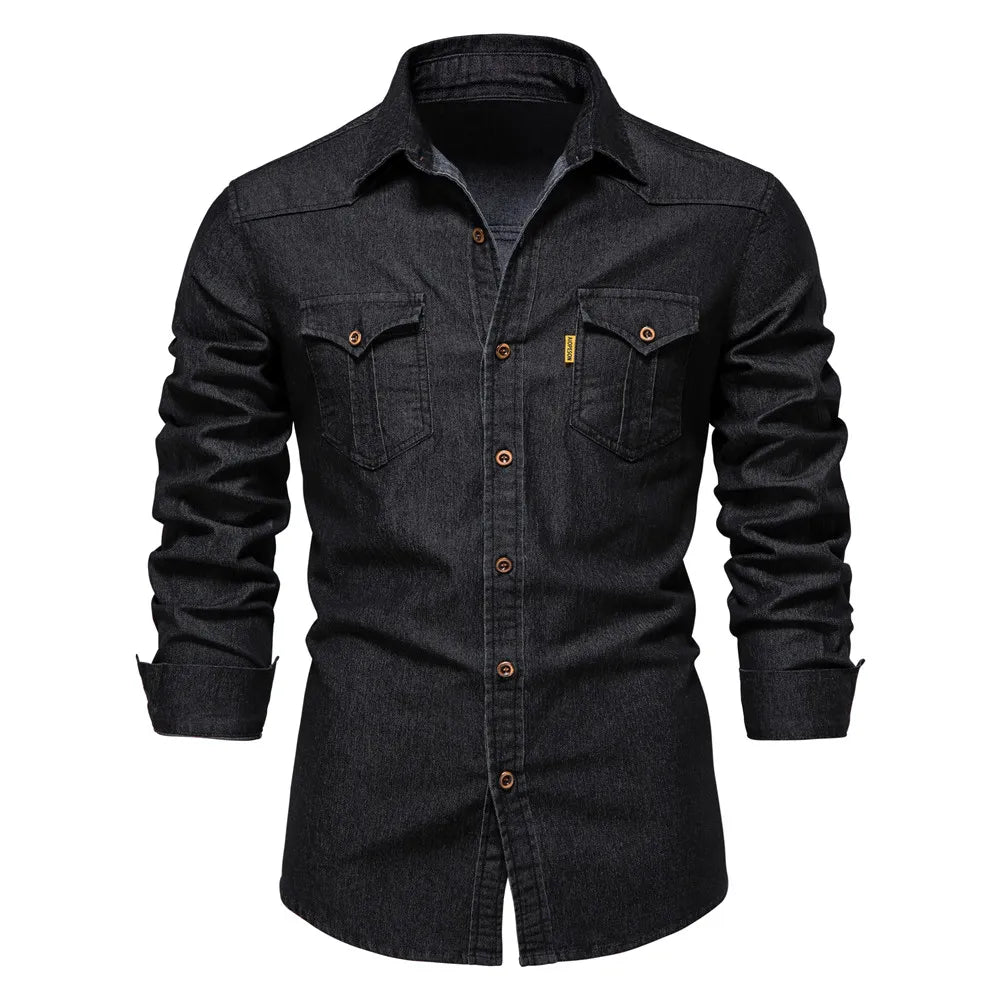 "AIOPESON Elastic Cotton Denim Shirt - Men's Long Sleeve Cowboy Shirt - Casual Slim Fit - High Quality - Designer Clothing for Men"