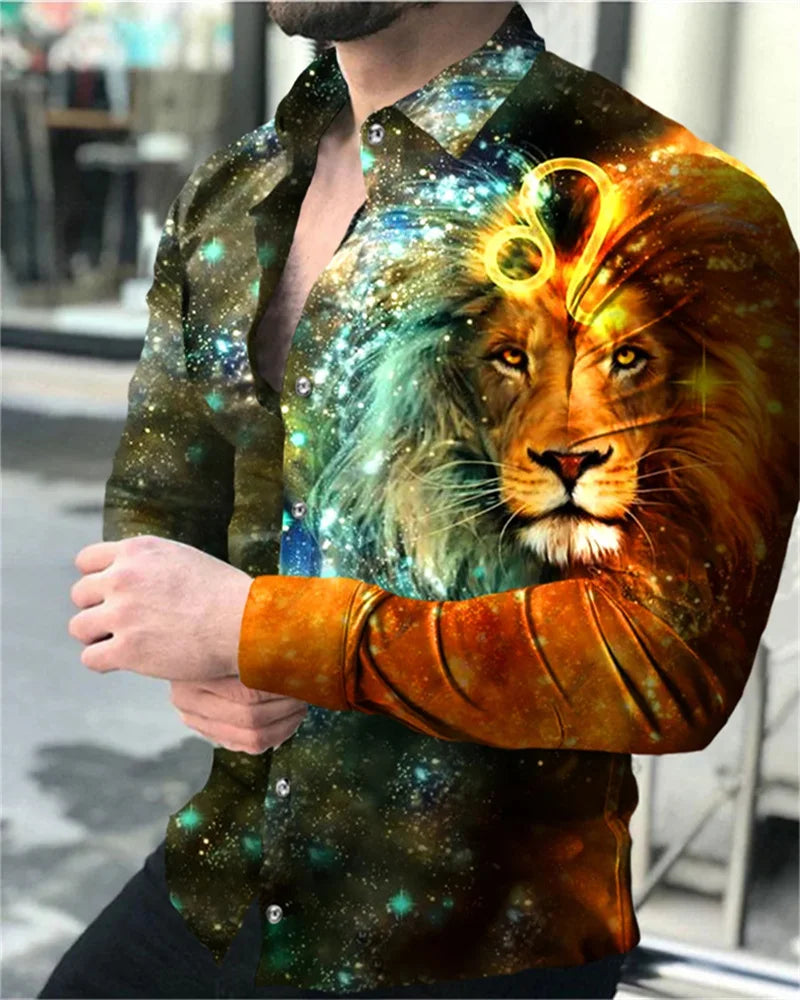 2023 men's party fashion long-sleeved shirt 3D printed lion high-definition animal print lapel button Shirt S-6XL men's tops