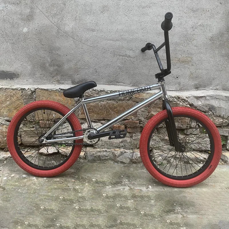 HOME BMX Crmo Steel  20 Inch Electroplated Silver Frame Red Outer Tire Small Wheel Professional Bmx Action Performance Bicycle