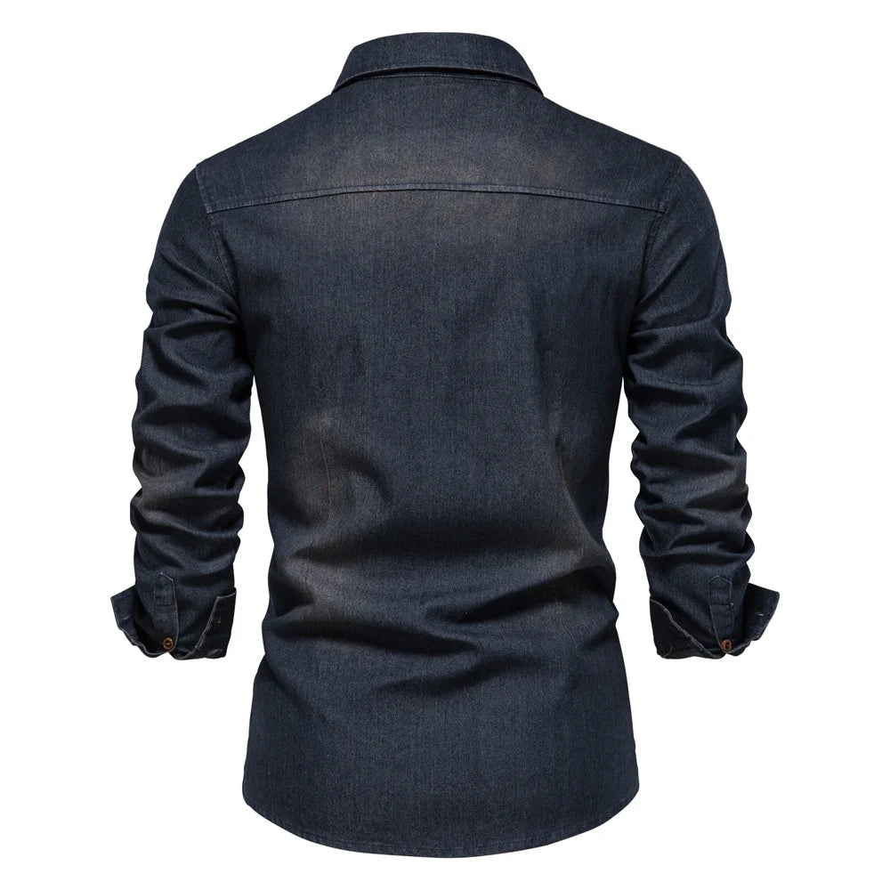 "AIOPESON Elastic Cotton Denim Shirt - Men's Long Sleeve Cowboy Shirt - Casual Slim Fit - High Quality - Designer Clothing for Men"