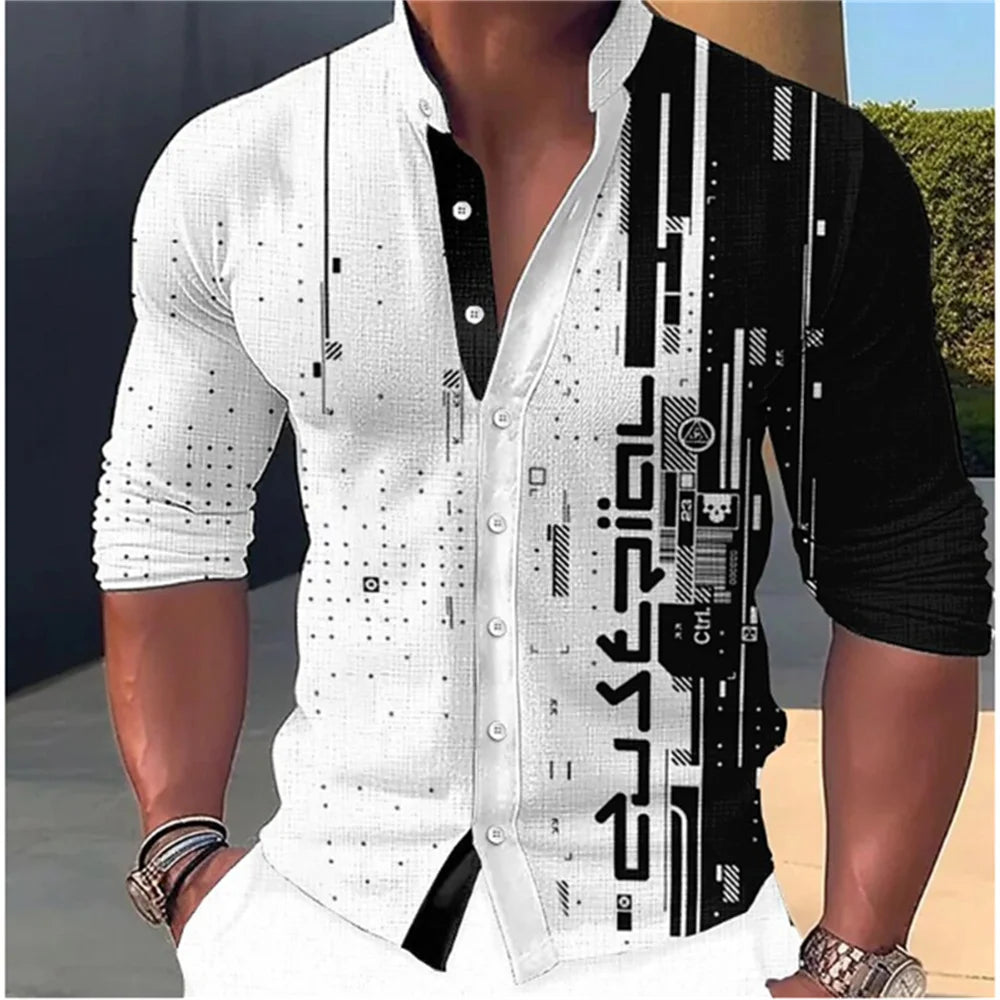 New Fashion Standing Collar Men's Creative Print Long Sleeve Shirt Outdoor Party High Quality Soft and Comfortable Fabric S-6XL