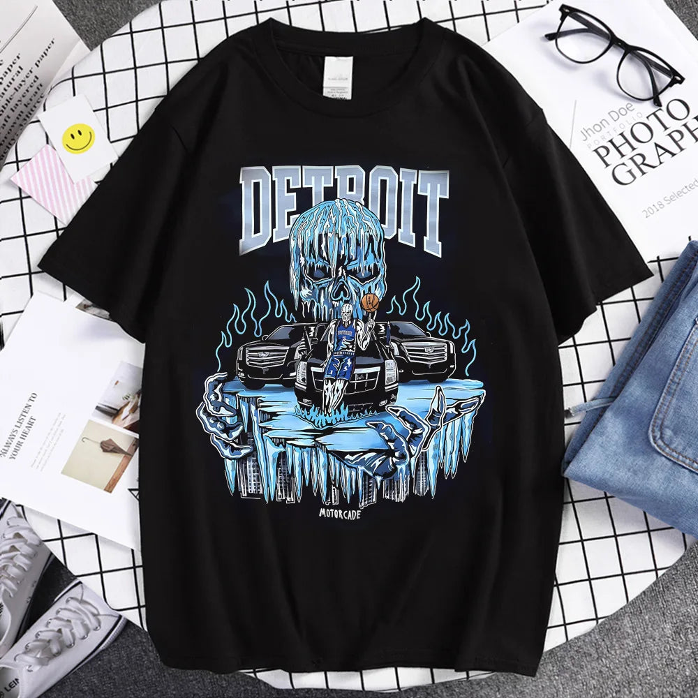 Skull Print T-Shirt Basketball Fan Streetwear Tops Vintage Americana Style T Shirt Women's Clothing Men Hot Blood Graphic Tshirt