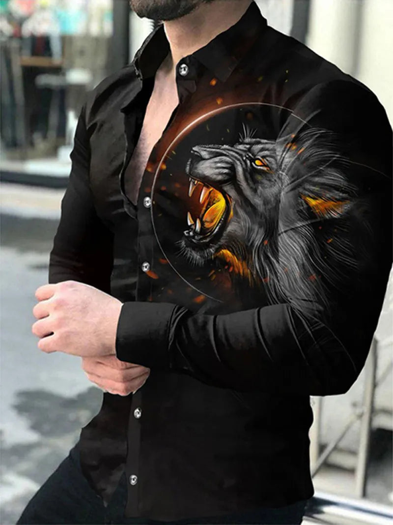 New Men's Shirt Lapel with Buckle Shirt Casual Lion Print Long Sleeved Tops Prom Party Men's Clothing XS-8XL