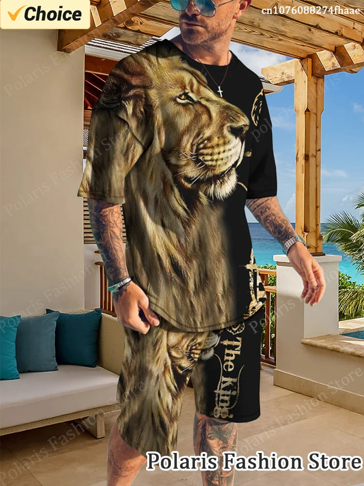 Summer Luxury Tracksuit Lion King Print T Shirt Set Men Beach Short Sleeve Tshirts Casual 2 Piece Outfits Male Sportwear