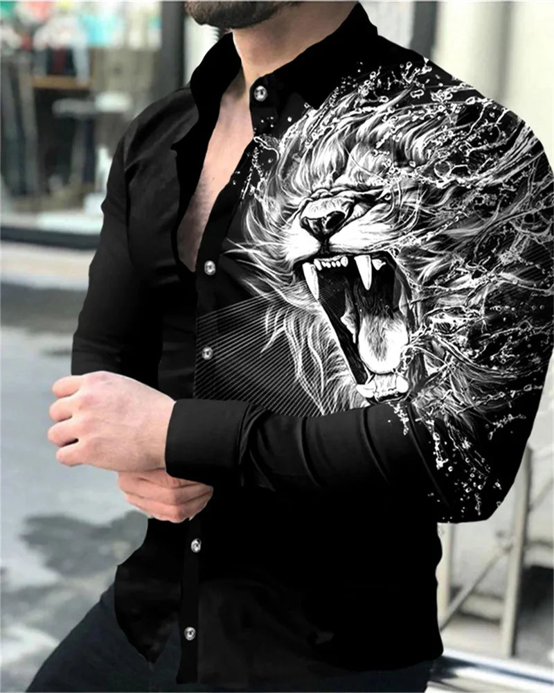 2023 men's party fashion long-sleeved shirt 3D printed lion high-definition animal print lapel button Shirt S-6XL men's tops