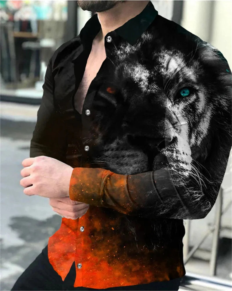 2023 men's party fashion long-sleeved shirt 3D printed lion high-definition animal print lapel button Shirt S-6XL men's tops