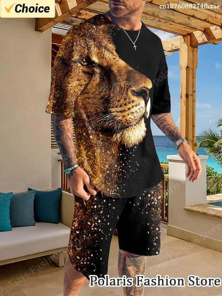 Summer Luxury Tracksuit Lion King Print T Shirt Set Men Beach Short Sleeve Tshirts Casual 2 Piece Outfits Male Sportwear