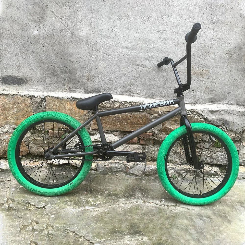 HOME BMX Crmo Steel 20 Inch Grey Frame Green Outer Tire Small Wheel Professional Bmx Action Performance Bicycle No Brakes