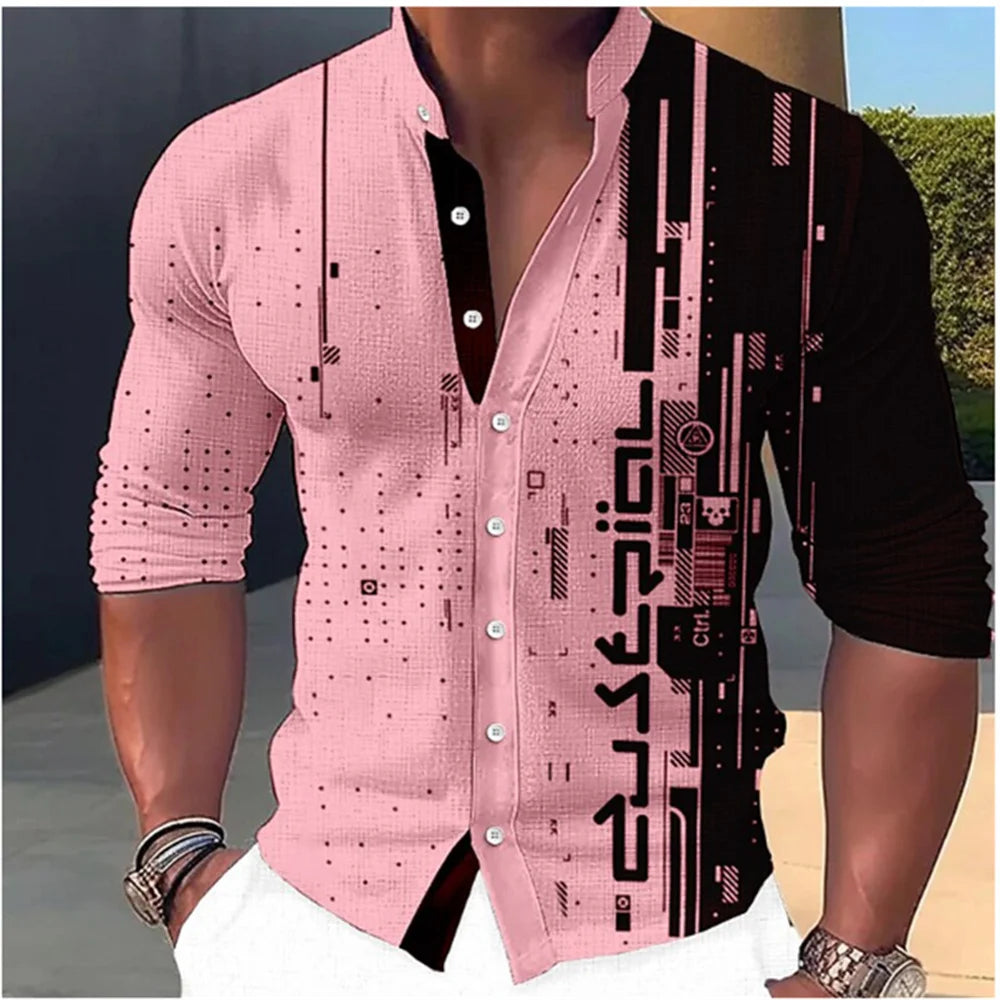 New Fashion Standing Collar Men's Creative Print Long Sleeve Shirt Outdoor Party High Quality Soft and Comfortable Fabric S-6XL