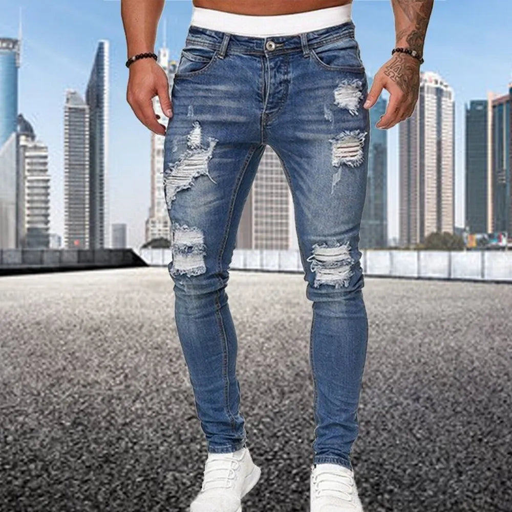 Distressed Streetwear Ripped Skinny Jeans Men Vintage Wash Solid Elastic Biker Holes Denim Pencil Pants Casual Slim Fit Joggers