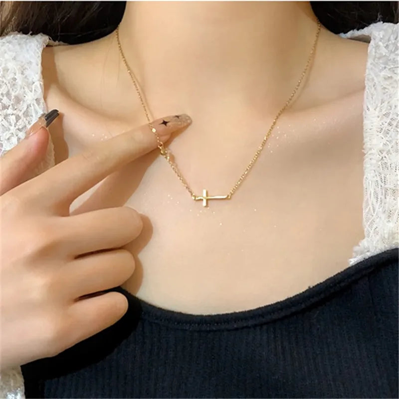 2023 New Fashion Trend Stainless Steel Elegant Exquisite Simple Cross Zircon Necklace Women Jewelry Party Premium Gift Wholesale