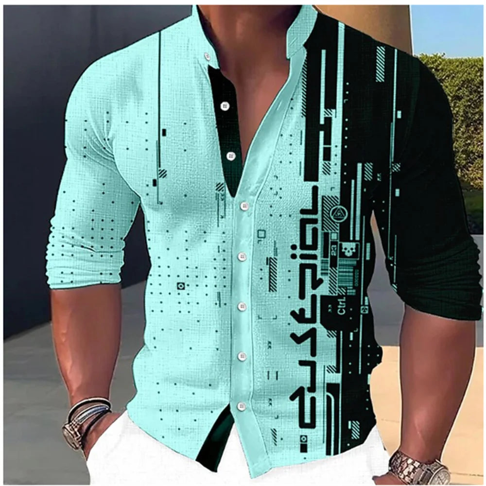 New Fashion Standing Collar Men's Creative Print Long Sleeve Shirt Outdoor Party High Quality Soft and Comfortable Fabric S-6XL