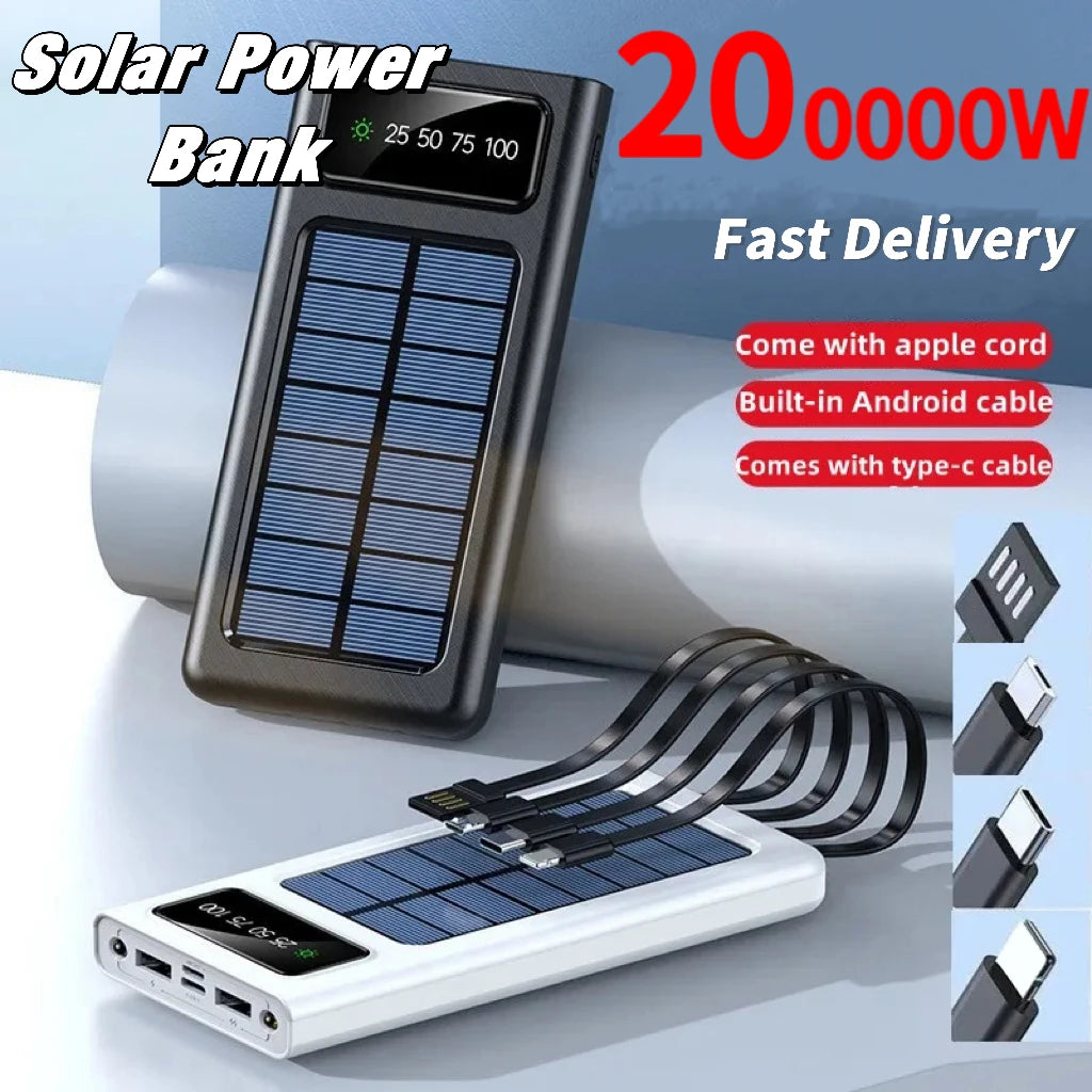 200000mAh Solar Power Bank Built Cables Solar Charger 2 USB Ports External Charger With LED Light For Xiaomi iphone 2023 New