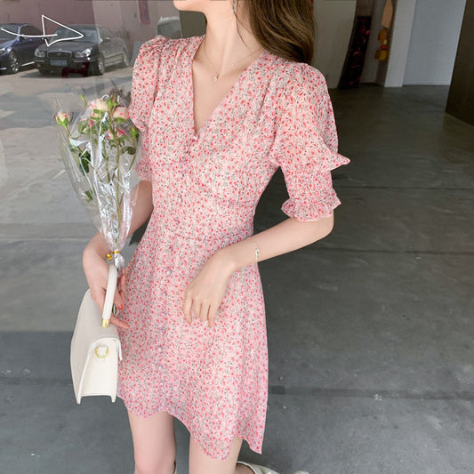 Summer Sweet Floral Puff Sleeves Waist Slim Chiffon Dress Women